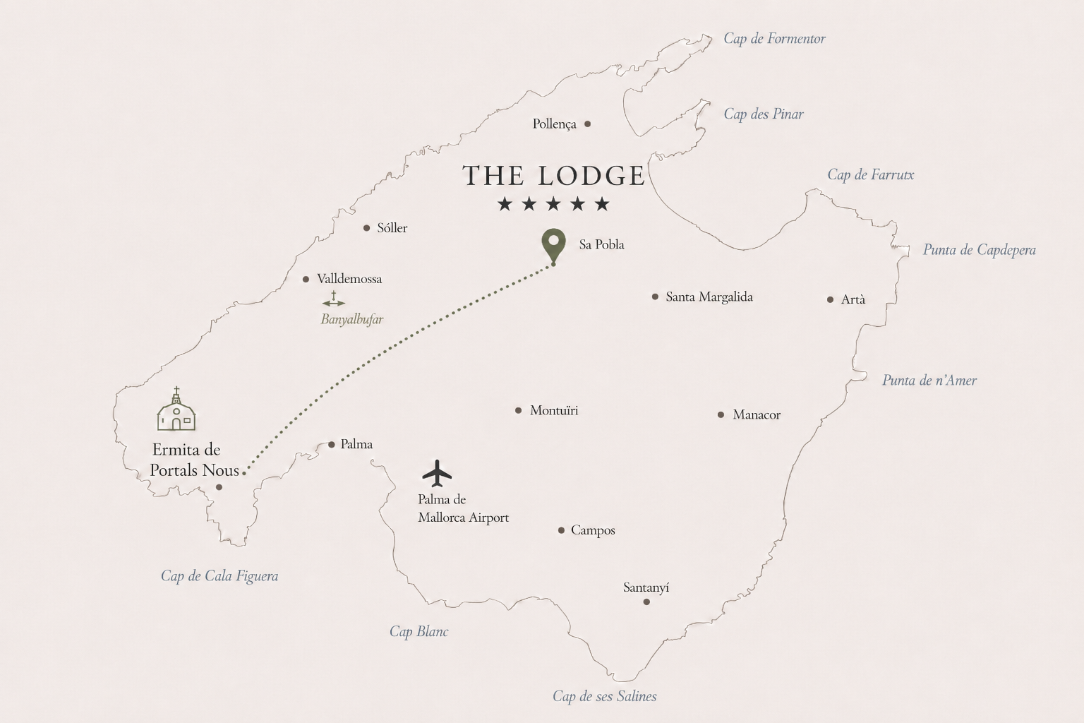 Mapa ilustrado de Mallorca con la Ermita de Portals Nous y The Lodge